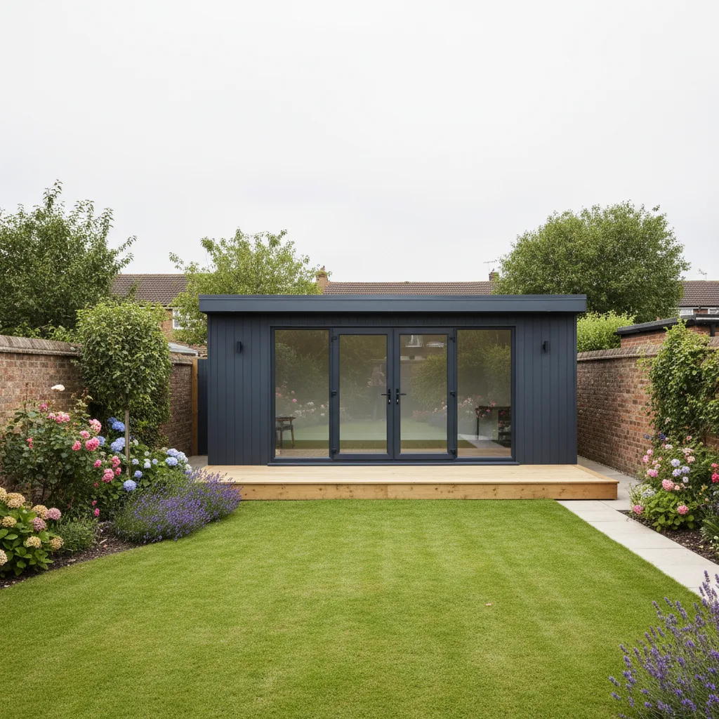 A modern anthracite grey Adacon P600 modular garden room situated in a landscaped UK garden with glass doors.
