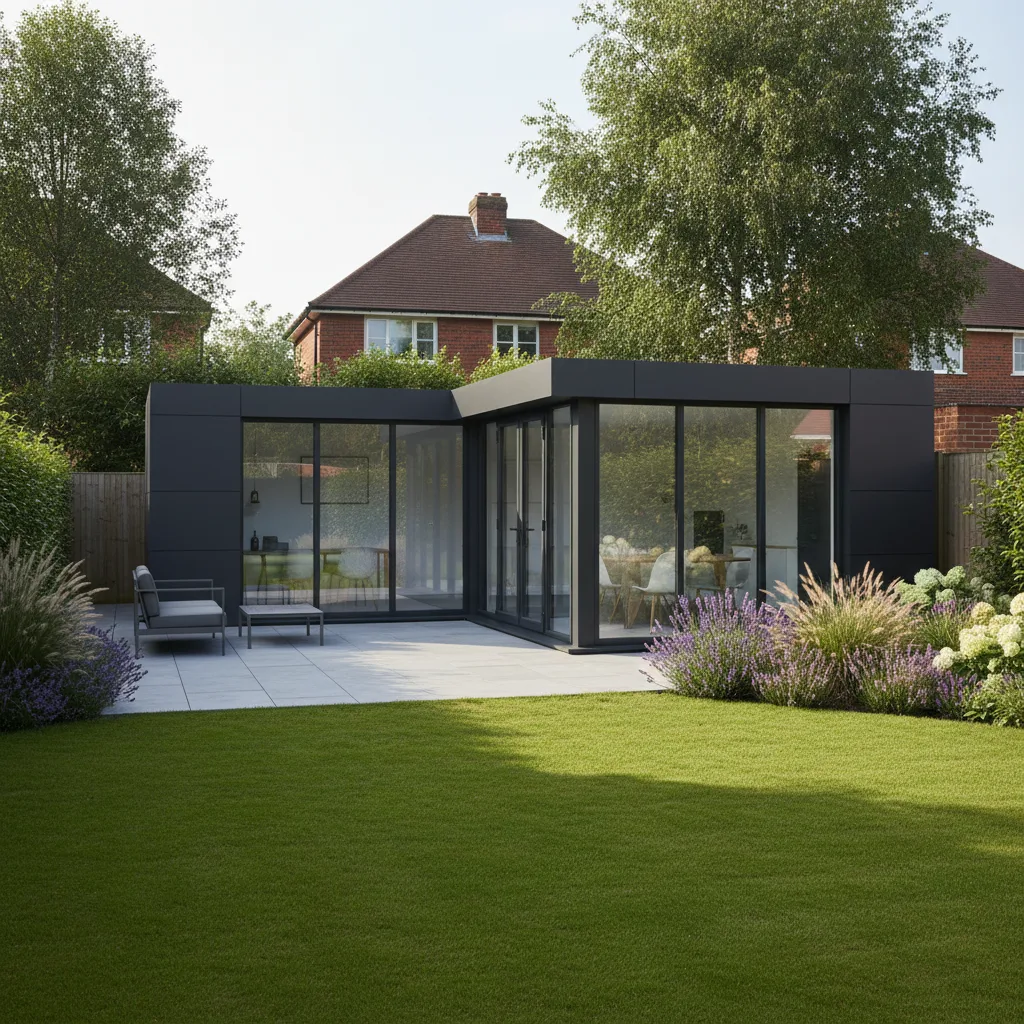 A modern anthracite grey modular garden office by Adacon featuring large glass windows in a UK garden setting.