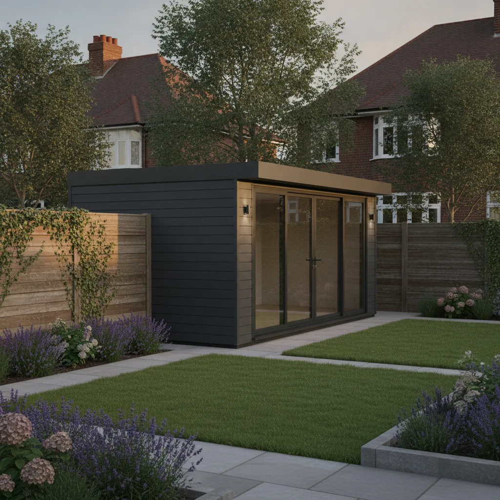A modern Adacon modular garden office with anthracite cladding and double-glazed doors in a UK residential garden.