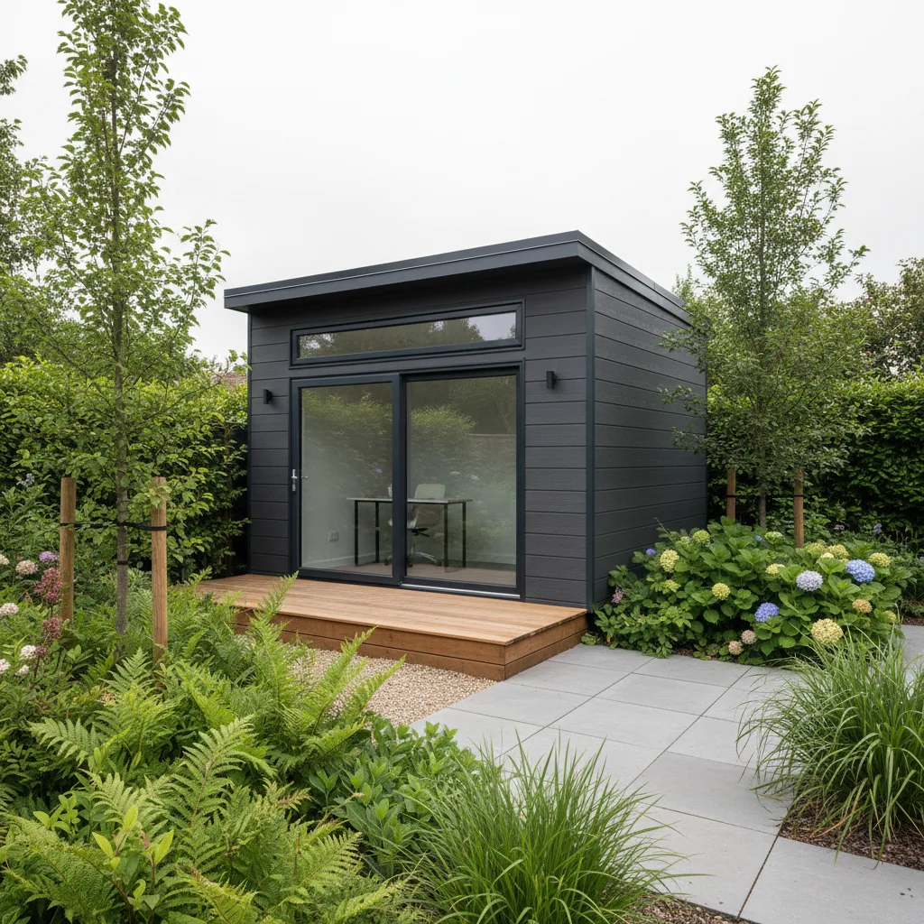 A modern anthracite grey Adacon P600 modular garden office with glass doors situated in a professional UK garden setting.