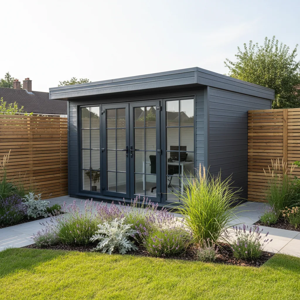 A modern Adacon P600 modular garden room positioned near a timber boundary fence in a UK garden.