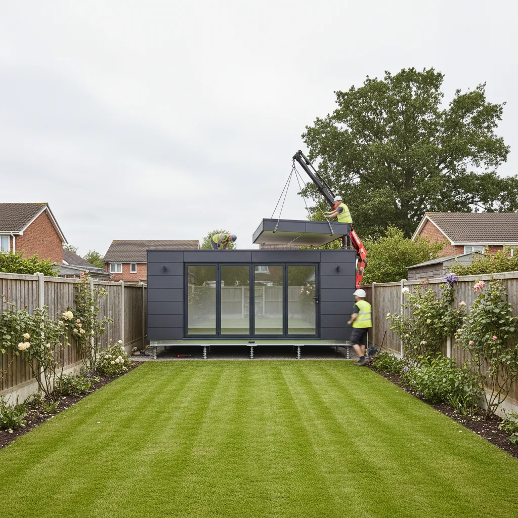 A modern Adacon modular building installed on ground screw foundations in a UK garden.
