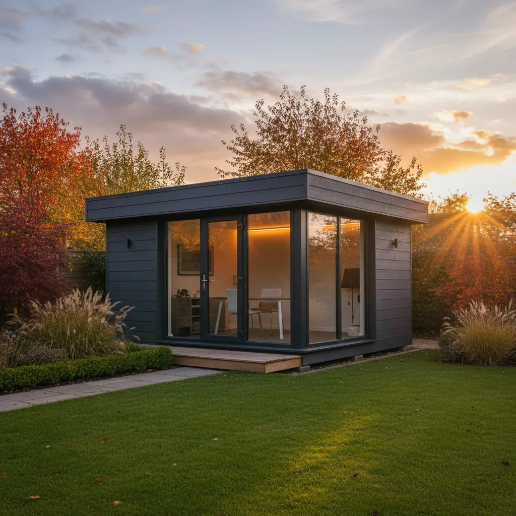 A modern grey Adacon P600 modular garden office with large double-glazed windows in a UK garden setting.