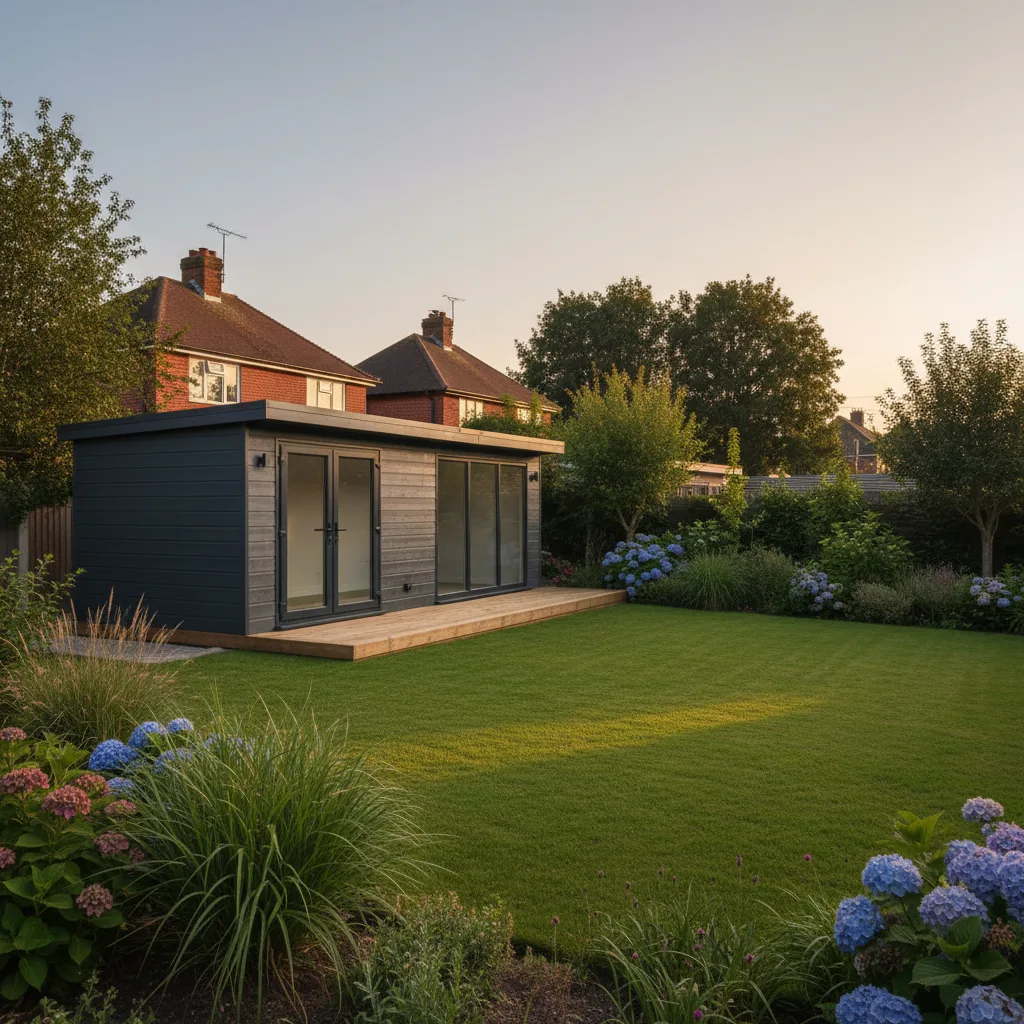 A modern grey insulated garden room with anthracite windows situated in a professional UK garden landscape.