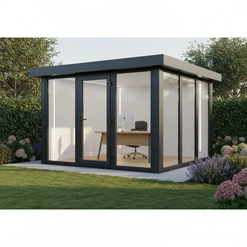 A modern Adacon P600 modular garden office with anthracite cladding and large windows in a UK garden setting.