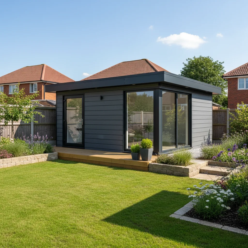 A modern Adacon P600 modular garden office with grey cladding and double-glazed windows in a UK garden setting.