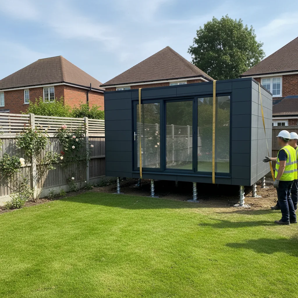 Adacon P600 modular garden office elevated on professional screw pile foundations in a UK garden.