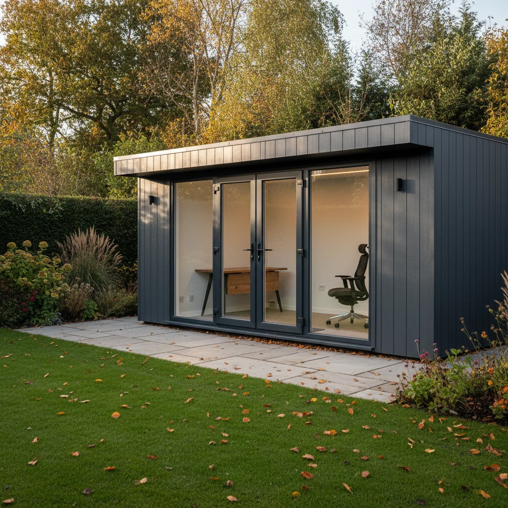 A modern steel-framed Adacon P600 garden office with grey cladding and glass doors in a UK garden setting.